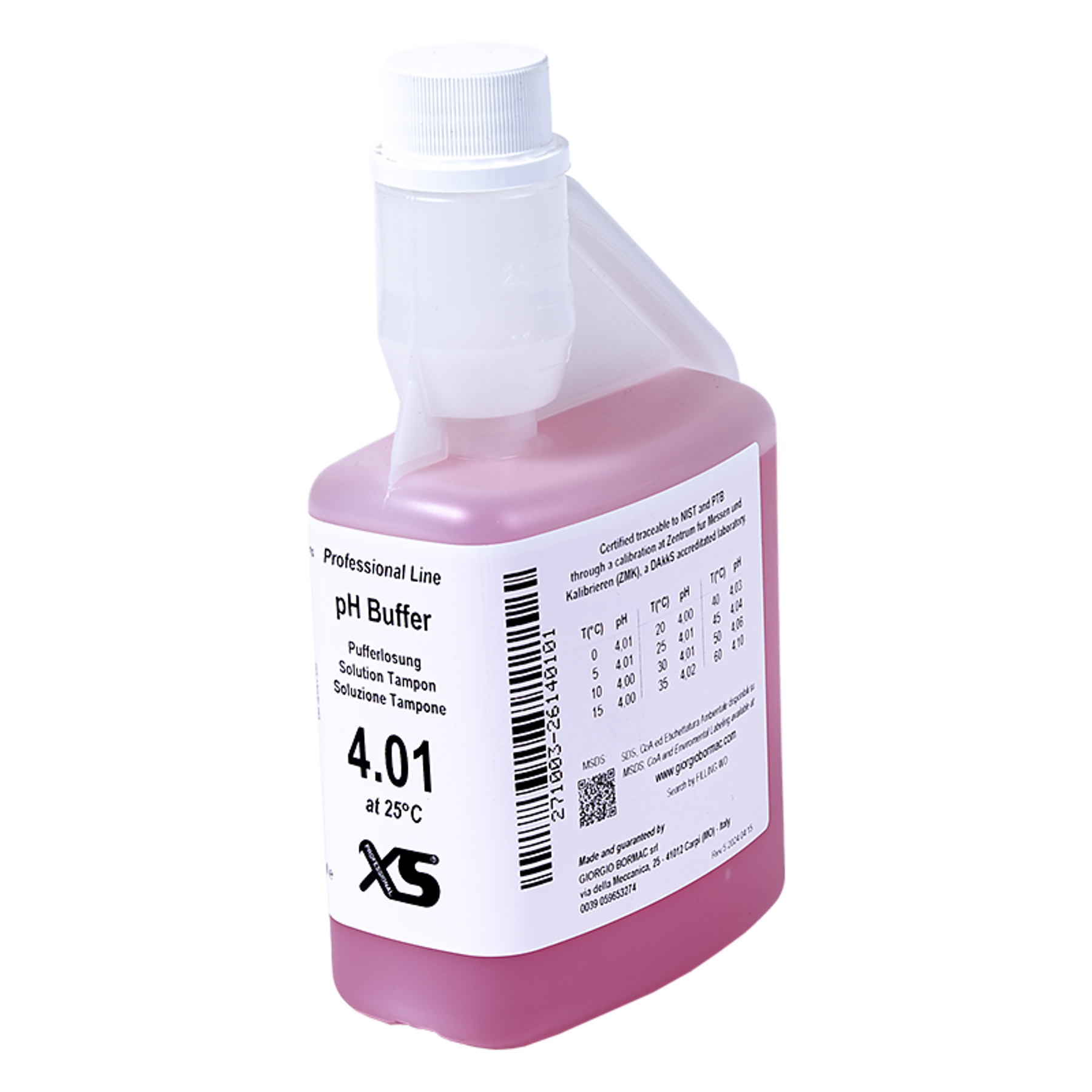 XS Professional pH 4.01 ±0.02/25°C, 500 ml, con certificado DKD/DAkkS