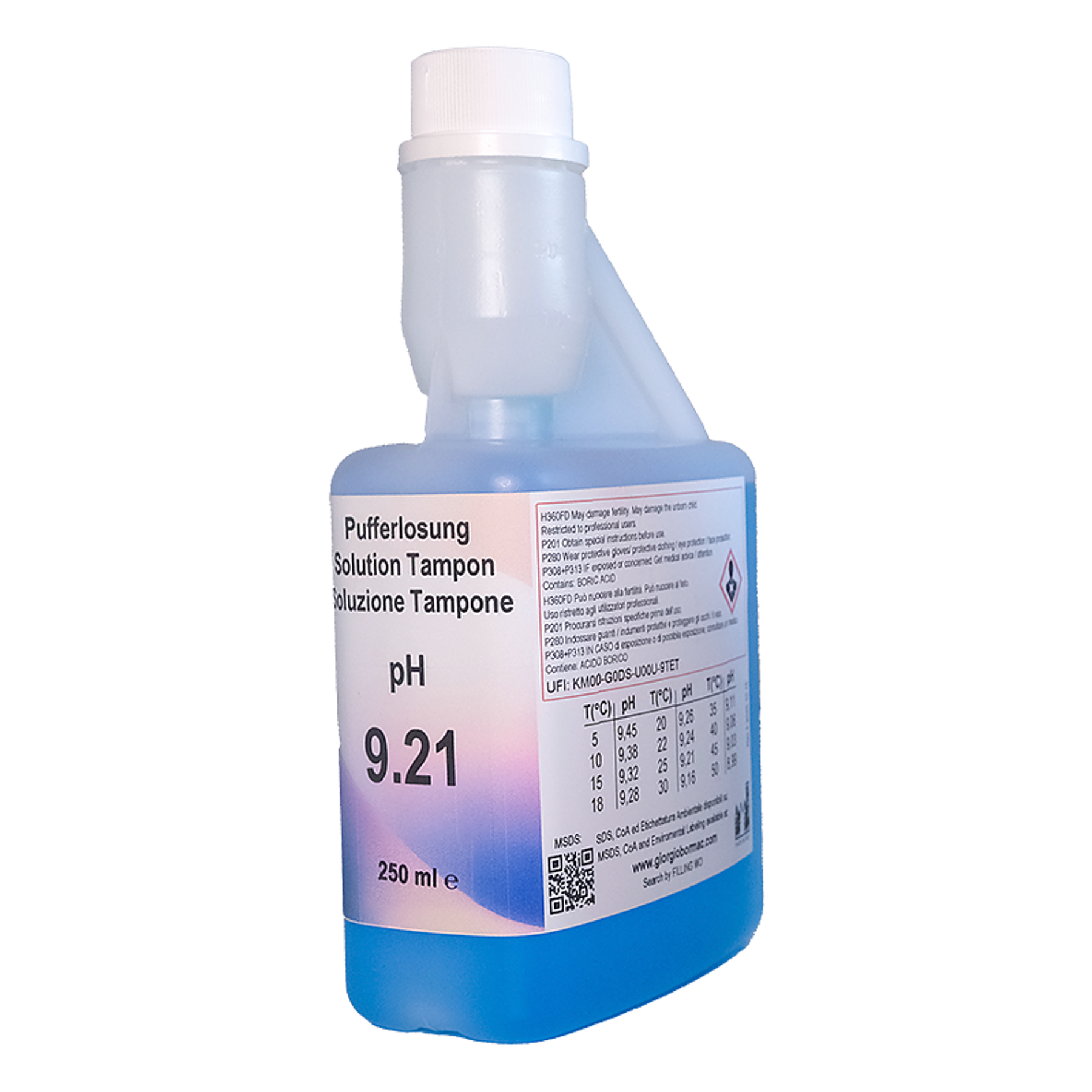 XS Solution pH 9.21 ±0.02/25°C, 250 ml, con certificado trazable a NIST (azul)